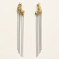 Aretes Cascada: cuerpo dorado con seis tiras plateadas colgantes.